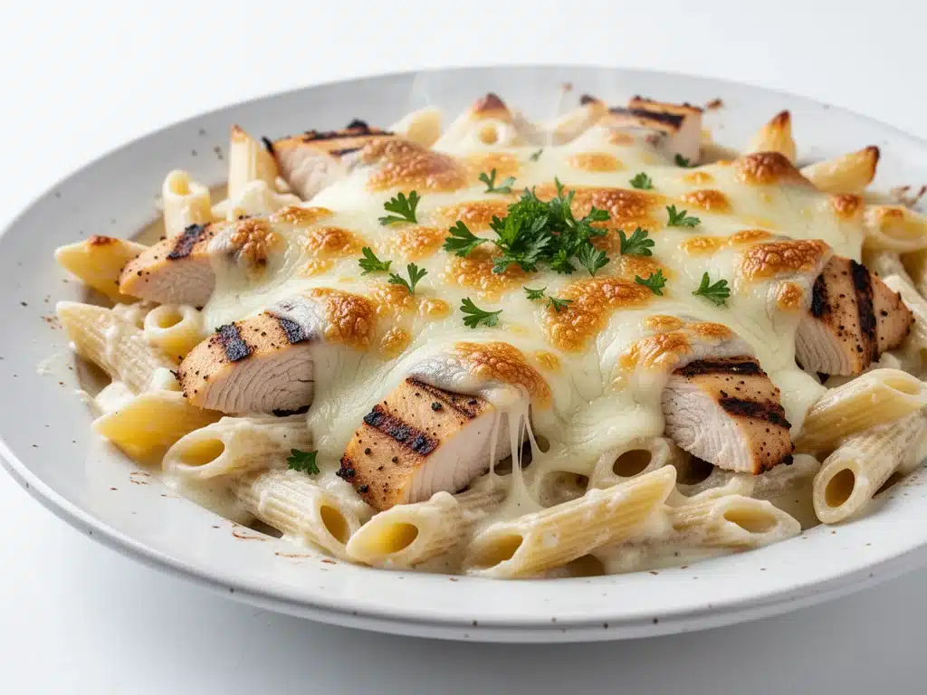 chicken alfredo pasta bake - featured image