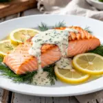 healthy baked salmon with lemon dill sauce - featured image