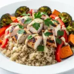 high protein chicken and quinoa bowl - featured image