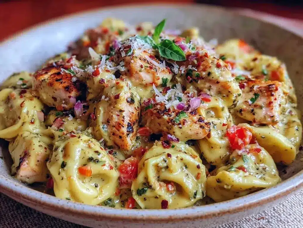 creamy pesto chicken tortellini - featured image