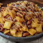 easy game day puppy chow with peanut butter drizzle - featured image